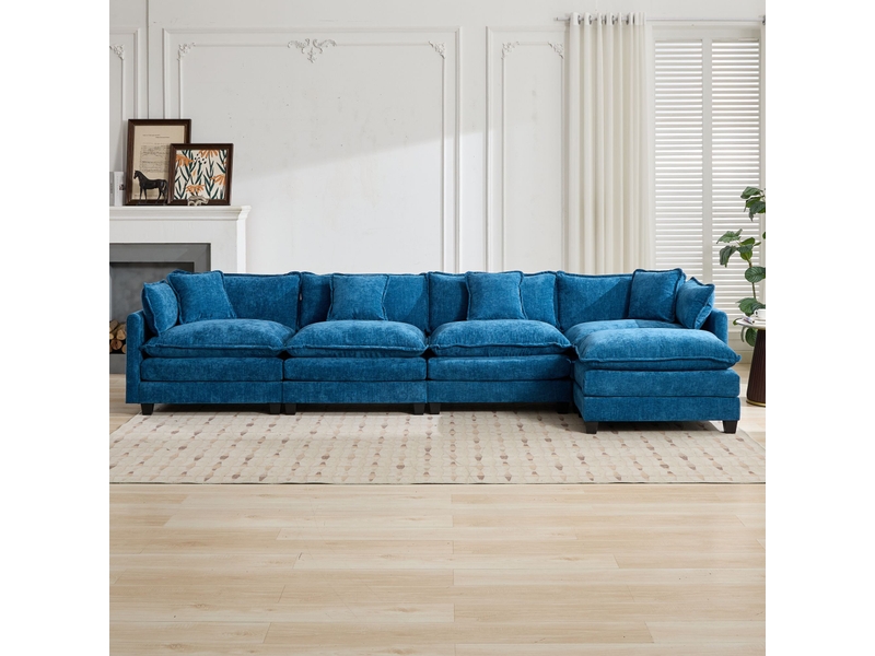  Canapé droit modulable 4 places 380 × 75 × 84 cm en chenille bleu, coussins rembourrés IKSETERA TRADING LTD - Conforama E
