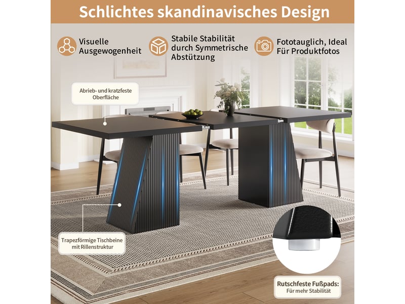  Table à manger extensible 120-160x80 cm pour 4 à 6 personnes, pieds trapézoïdaux à rainures verticales, patins antidérapants, mdf noir  - Conforama E