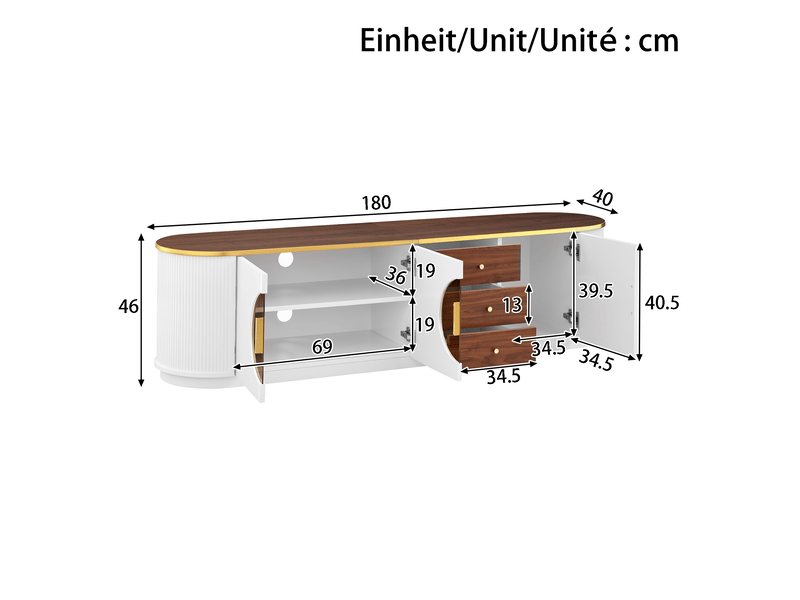  Meuble tv avec 3 tiroirs, 3 portes, passe-câbles, mdf blanc et verre brun, pour salon, 180x40x46 cm  - Conforama C