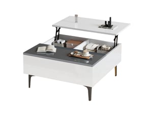 Table basse relevable 70x70x35 cm, hauteur réglable 48,5 cm, rangement dissimulé, tiroir invisible, mdf, blanc et gris