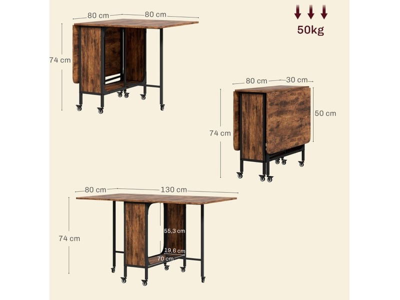 Table de salle à manger pliante pour 6 personnes avec tablette et 6 roues freinées brun rustique 130 × 80 × 74 cm - Conforama C