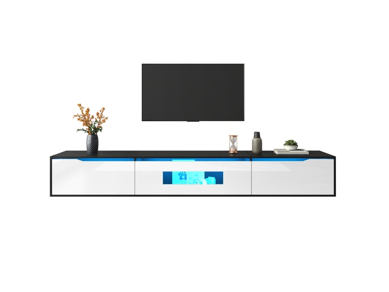  Meuble tv 180x35x30 cm, design moderne, éclairage led 16 couleurs, rangement, mdf et panneau particules, noir et blanc  - Conforama A