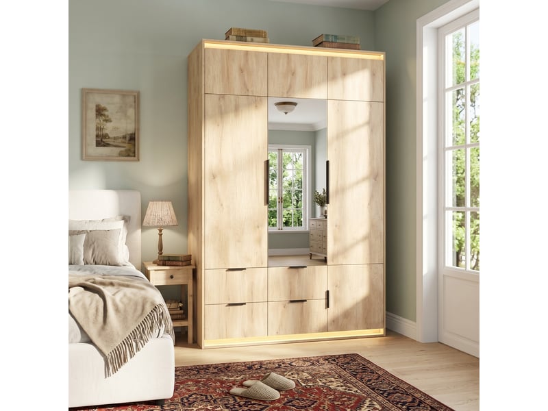 Armoire de chambre 135x47x200 cm, penderie dressing avec miroir et éclairage led, 3 portes et 4 tiroirs, en mdf, chêne - Conforama C