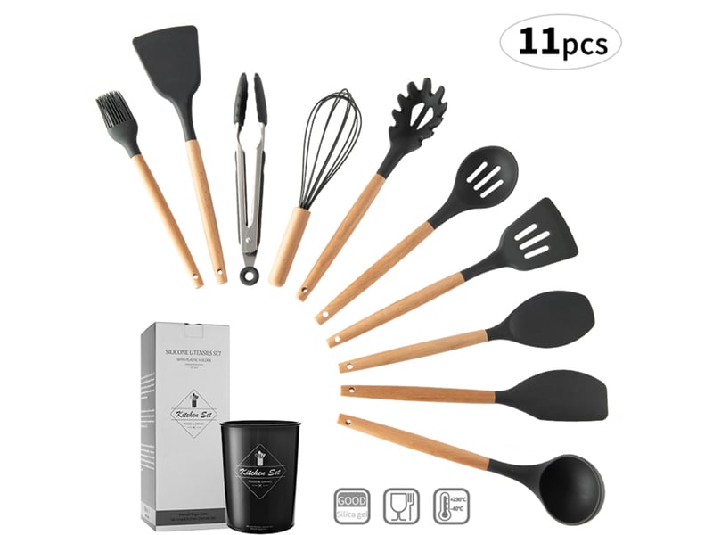 Ensemble de 9 ustensiles de cuisine en silicone avec manche en bois, comprenant un seau de rangement - Conforama B