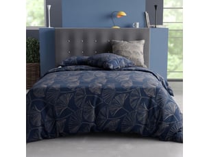 Parure housse de couette 260x240cm + 2 taies motif feuillage ginko bleu et gris 100% coton - edonie
