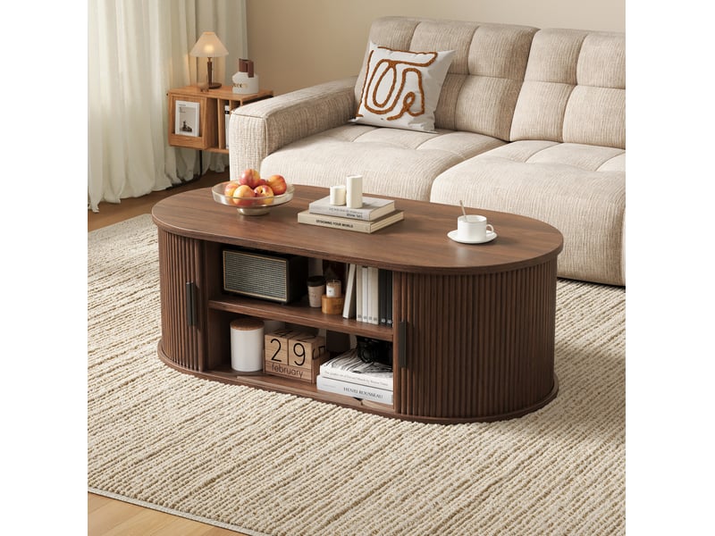 Table basse ovale 100x50x33 cm avec portes à rideau, finition noyer  - Conforama C