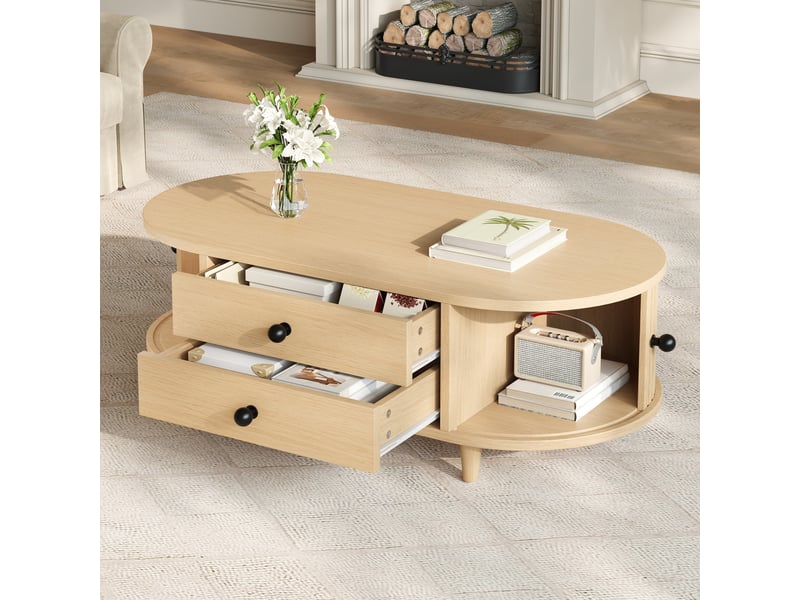  Table basse ovale 100x50x36 cm bois clair, portes tambour, 2 tiroirs et pieds en bois massif Fay Lum - Conforama B