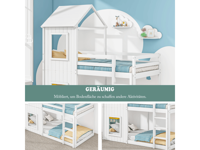  Lit superposé - 90x200cm - forme cabane blanc - lit superposé enfant - bois massif avec échelle et barrière de sécurité  - Conforama E