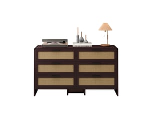 Meuble de rangement 6 tiroirs en cannage naturel marron rougeâtre 130 x 40 x 74 cm