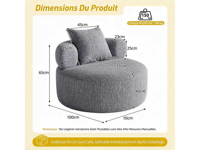  Fauteuil rond 1 place 100 x 100 x 65cm - chenille gris - mousse haute densité, coussin inclus pour salon, sans montage DJ-W3463P49987123-ZMS - Conforama C