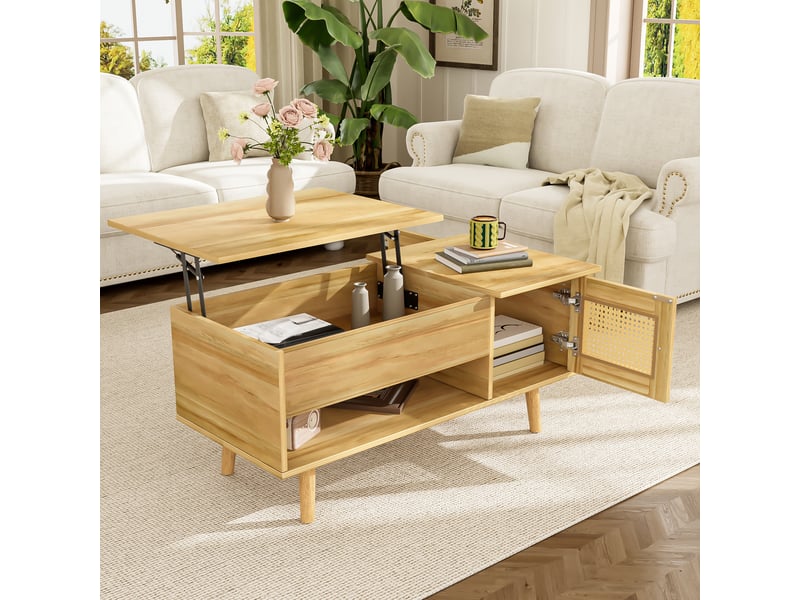  Table basse relevable avec rangement pour salon en panneaux de particules 103×50×46 cm bois et noir  - Conforama C