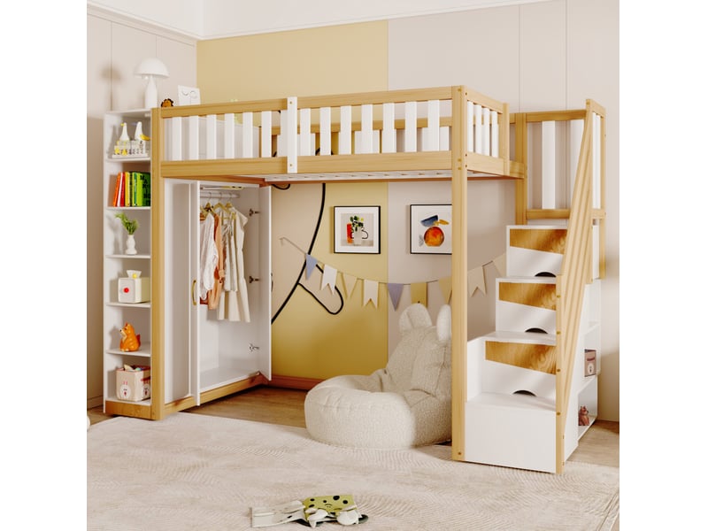  Lit mezzanine 90x200 cm, lit enfant, armoire, rangement, escalier sécurisé, bois et mdf, blanc et naturel, sans matelas  - Conforama D