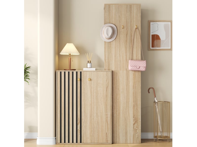  Meuble d'entrée avec penderie, rangement à chaussures, crochets et étagères réglables, 115 × 38,5 × 191,5 cm  - Conforama C