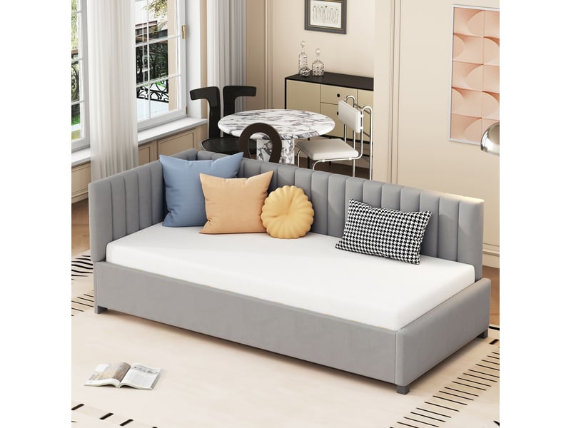 Lit banquette 90x200 cm multifonction en velours gris, rembourré avec sommier à lattes - Conforama B