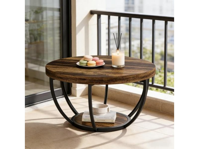  Table basse ronde avec 2 niveaux de rangement, style moderne aux lignes épurées, en bois et métal, décor bois rustique  - Conforama E