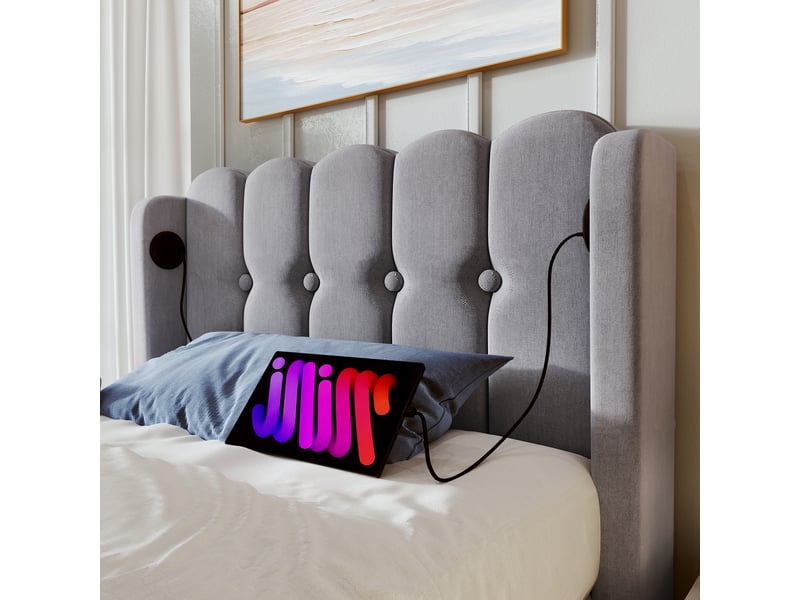  Lit jeune 90x200 cm avec tête douce et charge, lin, gris, sans matelas  - Conforama E