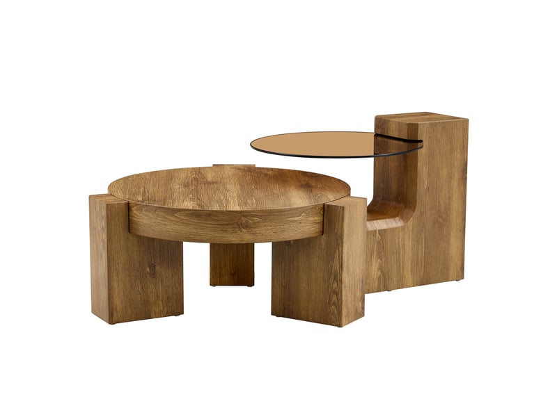  Table basse ulevr gigogne ronde 2 pièces, tables séparables en mdf décor bois et verre de sécurité teinté marron, ø 61 cm  - Conforama A