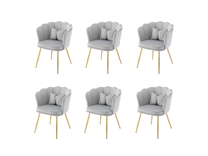  Ensemble 6 chaises en velours 90x50, dossier pétale unique, pieds dorés, coussins papillon  - Conforama E