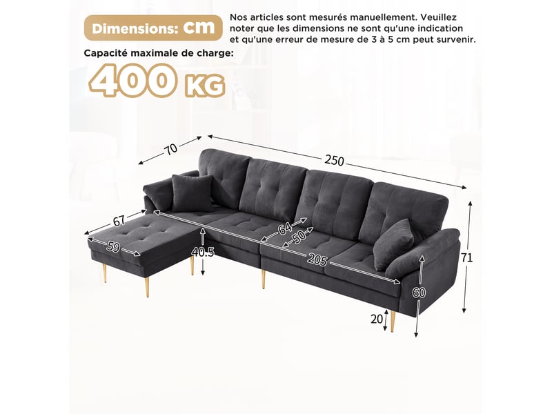 Canapé 4 places en velours côtelé avec pouf modulable 250 cm evryae - Conforama E