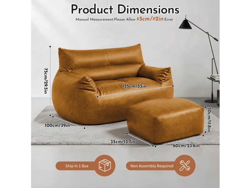  Fauteuil pouf double 135x100x75 cm avec repose-pieds marron  - Conforama E