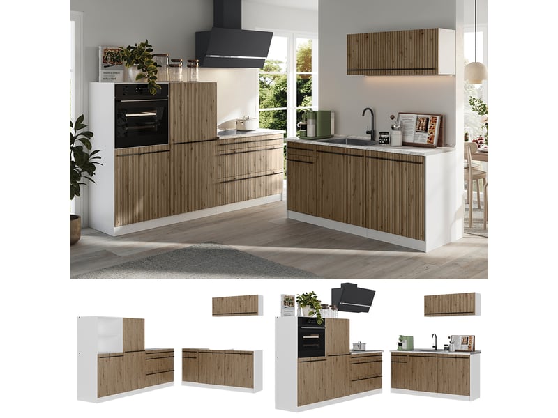  Vicco cuisine, chêne artisanblanc, 220cm plan de travail chêne doré  - Conforama D