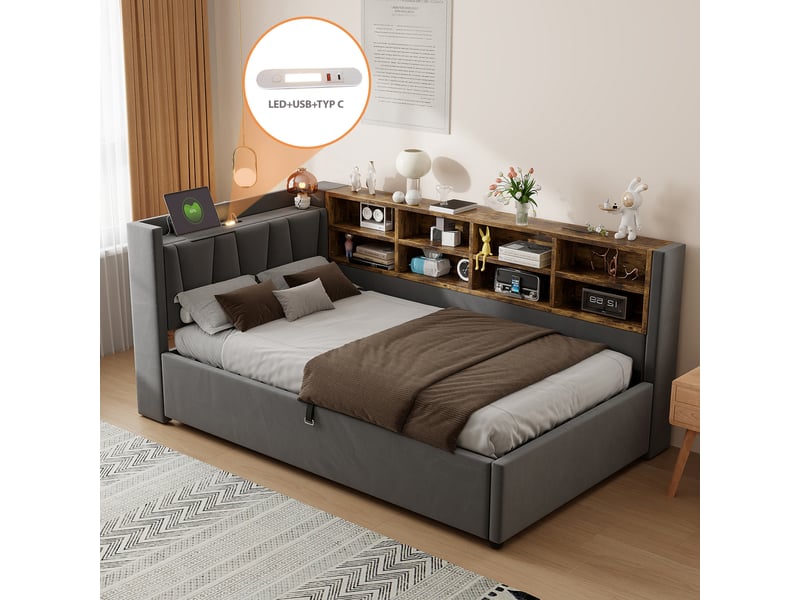  Canapé-lit avec rangement 90 x 200 cm – avec éclairage – avec ports de charge usb et type-c – avec compartiments de rangement – ​​gris foncé (matelas non inclus)  - Conforama E