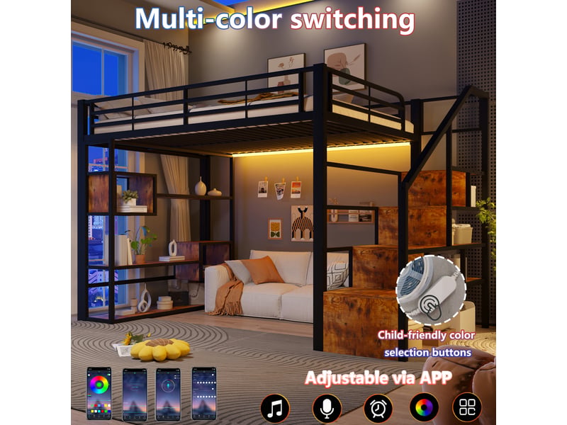  Lit mezzanine, 140 × 200 cm, noir, métal, led, étagères, barrières, marches, échelle, espace ouvert dessous, sans matelas  - Conforama C