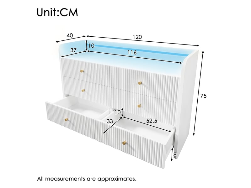  Buffet à led blanc avec 6 tiroirs et niche ouverte – 120 x 40 x 75 cm  - Conforama D