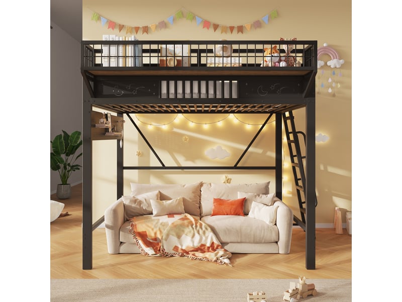 Lit mezzanine 140 × 200 cm 2 places avec rangements latéraux et espace ouvert, sans matelas, en métal noir - Conforama C