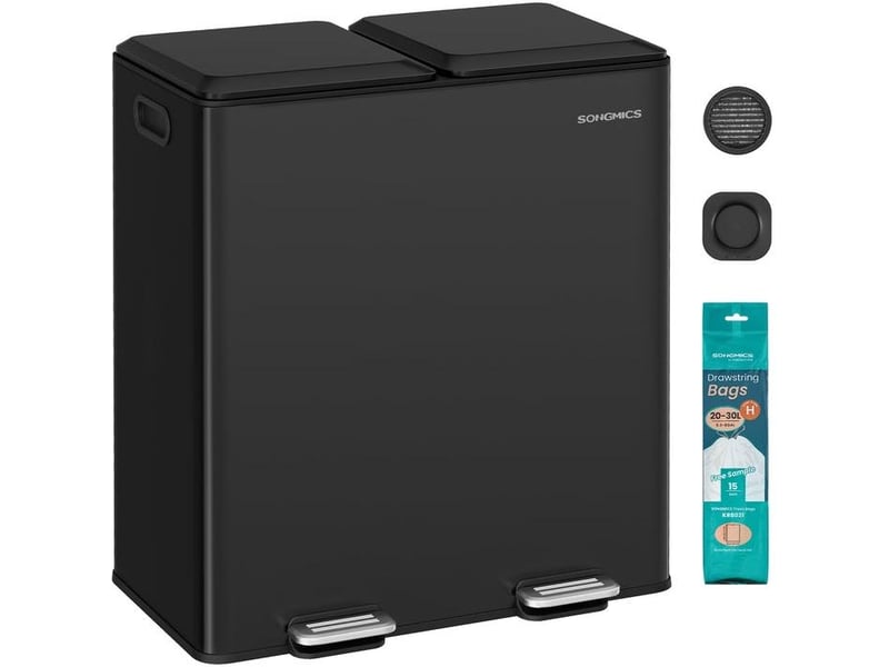  Poubelle de cuisine double avec seaux amovibles 58,5 x 37 x 64 cm usage tri sélectif moderne en acier noir 12_0013099  - Conforama A