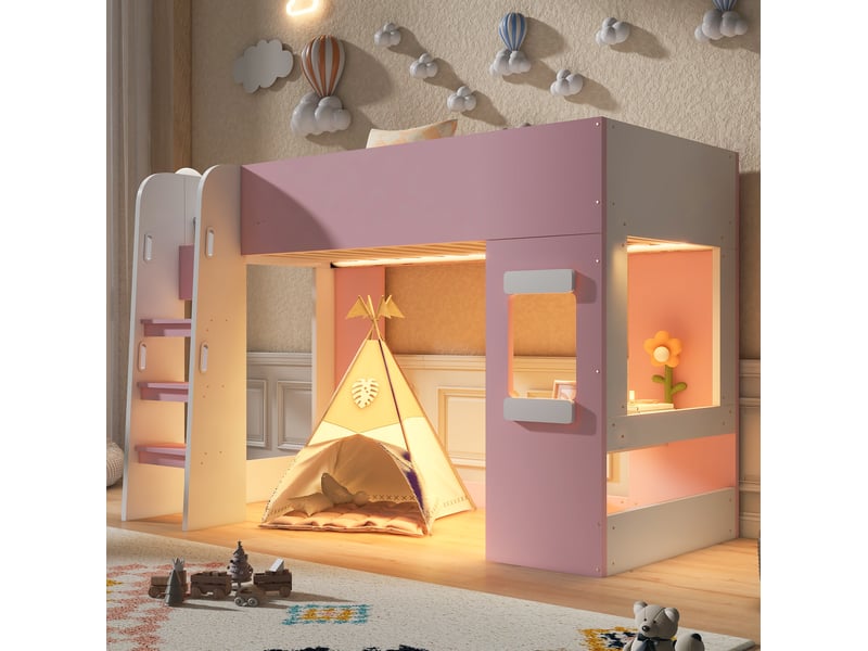  Lit mezzanine 90x200 cm avec bureau led rose sécurisé  - Conforama E