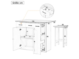 Îlot de cuisine extensible blanc avec 2 tabourets, prises électriques et rangement