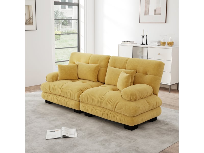  Canapé d'angle 2 places en chenille jaune avec 4 coussins  - Conforama D