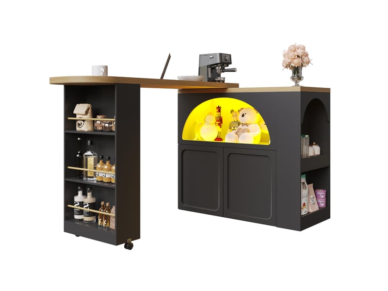  Table de bar extensible mobile 135-205 x 39 x 100 cm avec rangement et led noire  - Conforama A