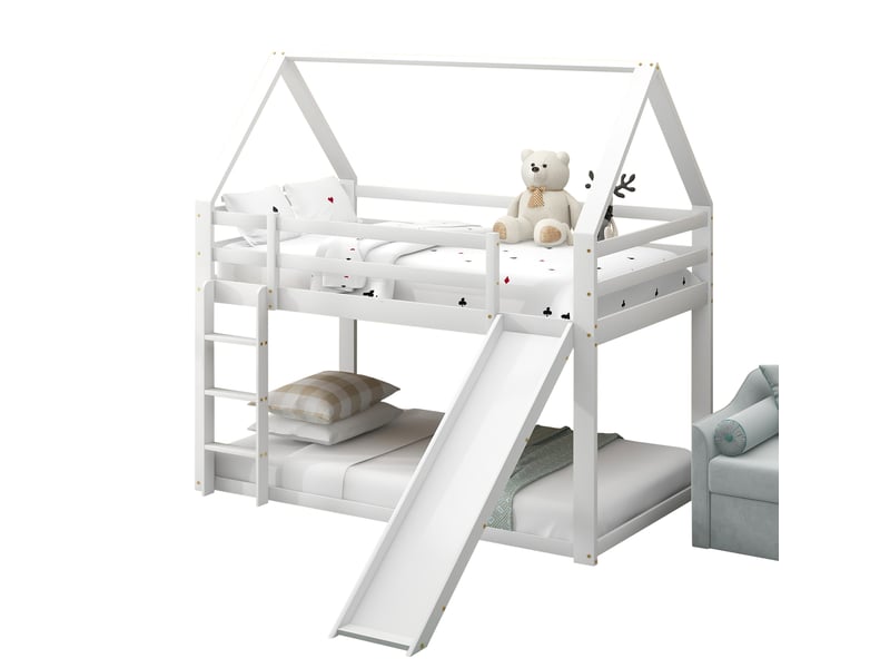Lit superposé enfant en forme de maison 200×90 cm avec toboggan et échelle réversibles, sans matelas, blanc - Conforama A