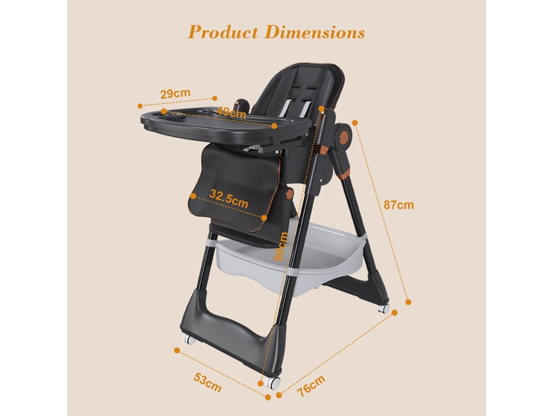  Chaise haute bébé pliable 53x76x95 cm, roulettes avec frein, réglable 5 hauteurs, chaise bébé compacte, pu, noir  - Conforama C