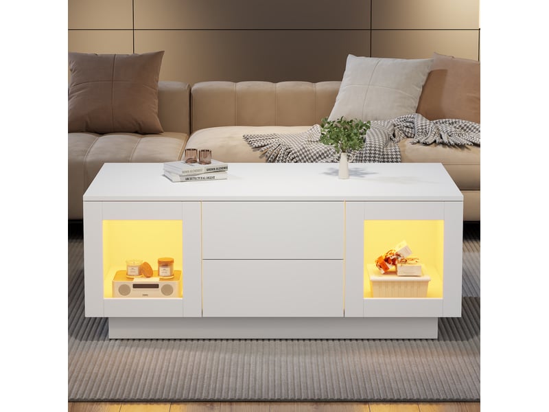  Table basse 100x50x40 cm en mdf avec 2 tiroirs, 2 placards et led blanche chicfurn  - Conforama C
