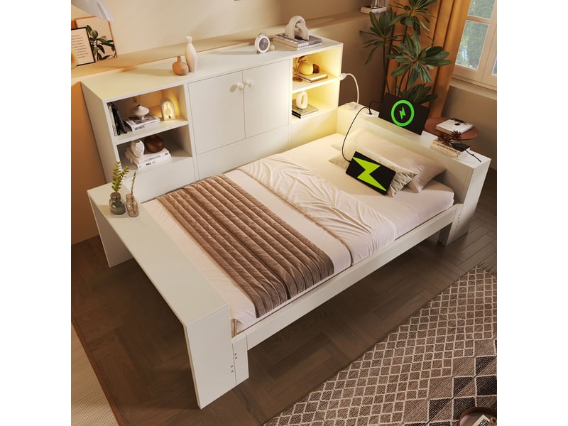  Lit gigogne 90 x 200 cm rangement lit de jour bois portes doubles ports usb et usb-c blanc  - Conforama E