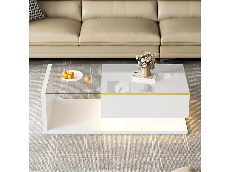  Table basse design 100x50x32,5 cm led 16 couleurs contrôlable rangement verre trempé laqué panneau de particules blanc  - Conforama R