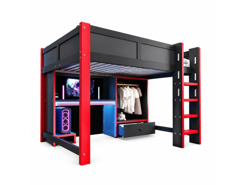 Lit mezzanine gamer 140x200 cm avec bureau, armoire, tiroirs et étagères, structure en pin, noir et rouge - Conforama A