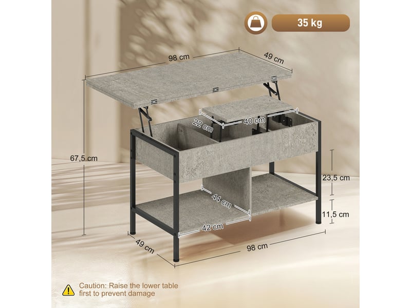  Table basse relevable et extensible, table de salon avec compartiment caché étagères ouvertes, 98x49x55cm, gris  - Conforama C