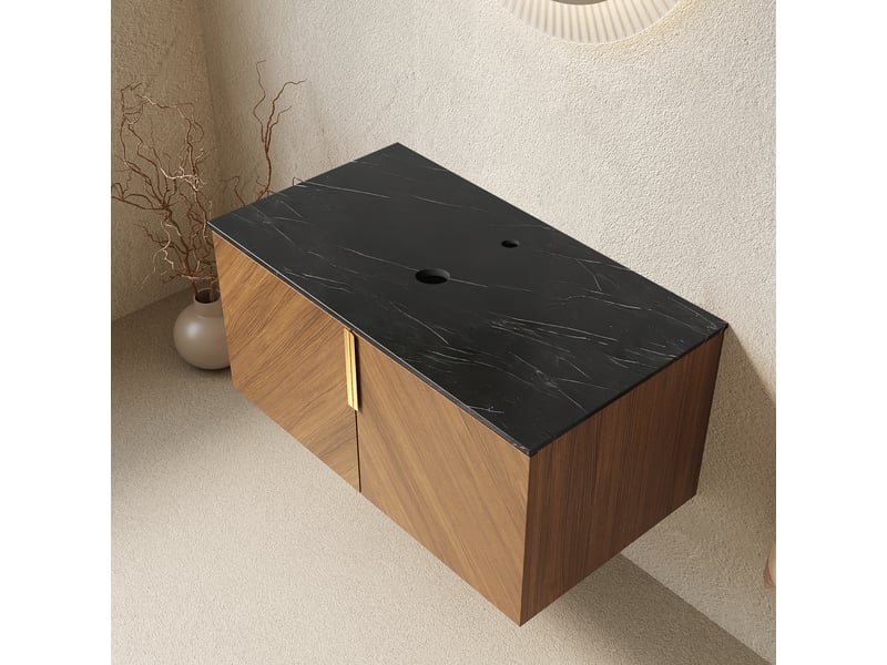  Meuble sous vasque sans vasque 91 cm, plan en pierre frittée, effet chêne brun  - Conforama C