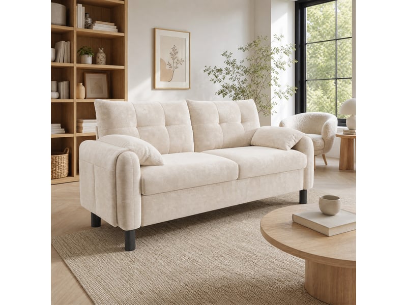 Canapé droit 2 places avec coussins, poches latérales et design scandinave en chenille beige 158 × 80 × 88,5 cm - Conforama C