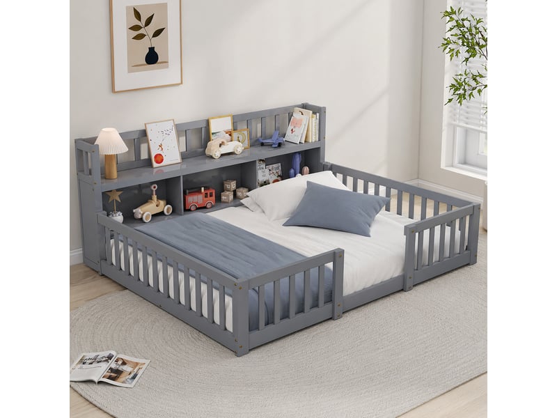  Lit double enfant 140x200 cm avec rangements et bibliothèque,lit au sol avec barrières de sécurité,pin massif, gris  - Conforama B