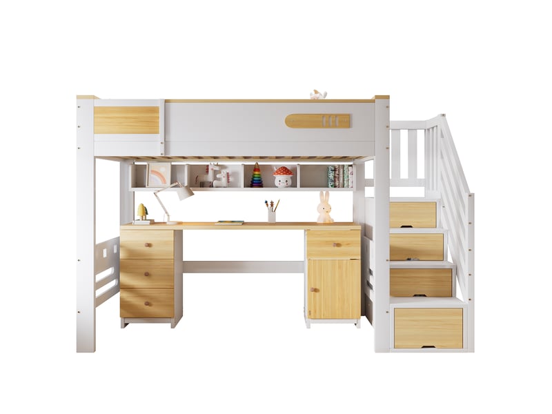 Lit mezzanine avec bureau, tiroirs, rangement escalier et étagère, blanc et naturel, 90 × 200 cm - Conforama A