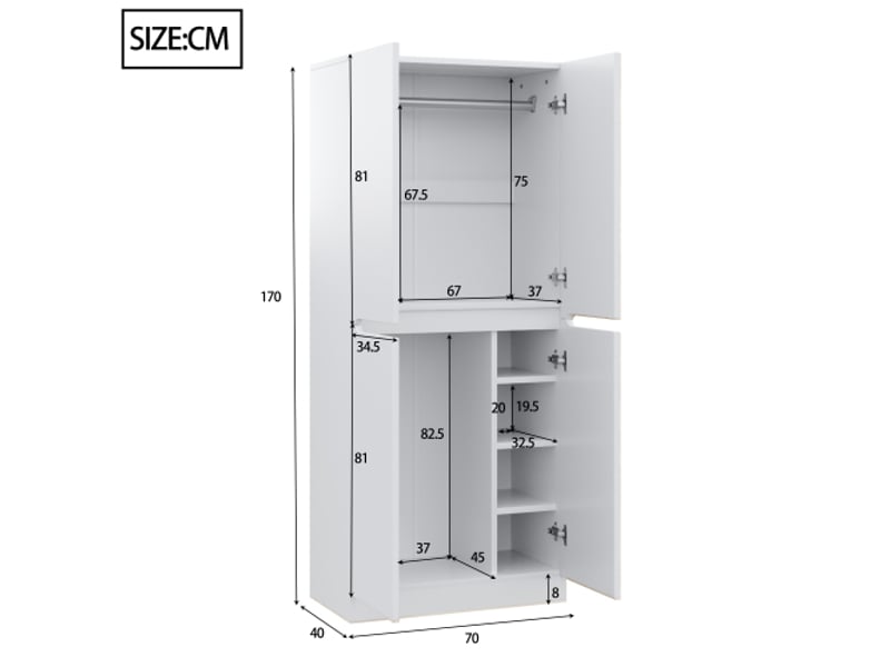  Armoire blanche 70×40×170 cm – 2 portes, petit rangement, meuble de chambre  - Conforama C
