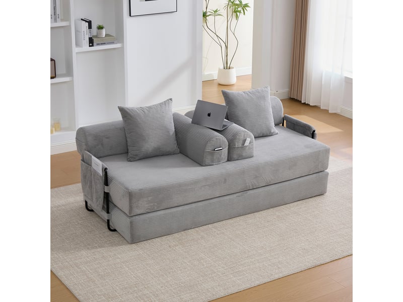  Canapé modulable gris clair velours côtelé 3 places avec coussins, idéal petit salon, 200cm  - Conforama W