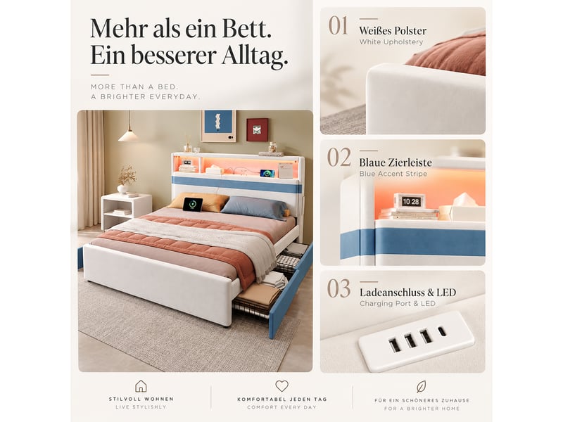 Lit rembourré 140x200 cm - éclairage led - grand rangement - 4 tiroirs - velours - structure fonctionnelle - design moderne - gain de place - gris CozyNest - Conforama E