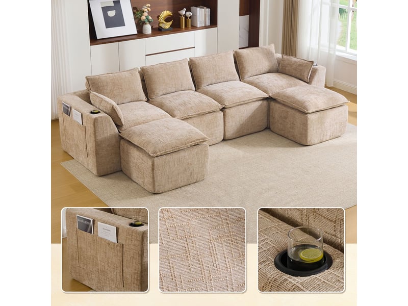  Canapé modulable 2 repose-pieds coussins inclus porte-gobelets 2 pochettes latérales noyau mousse-ressorts rebond rapide tissu chenille kaki  - Conforama E