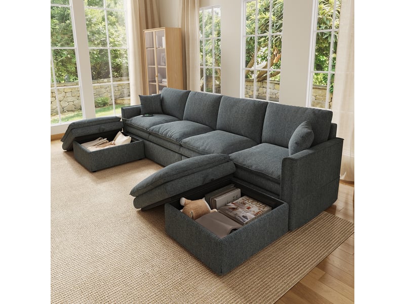 Canapé d'angle modulable 6 places, tissu coton et lin gris, avec 2 poufs de rangement & ports de charge usb, pour salon, 277x135x80 cm - Conforama D